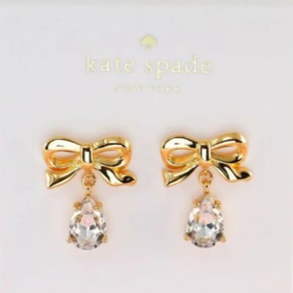 New Kate Spade Gold Tone Bow CZ Dangle Earrings - Picture 6 of 14